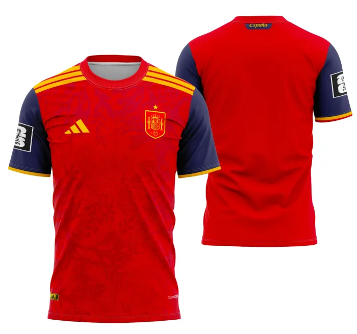 Camiseta unissex preta com logo no peito e estampa grande nas costas, temática España Concept 2026, perfeita para quem ama futebol e design moderno.