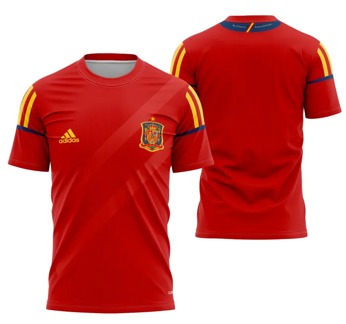 Camiseta unissex branca com logo no peito e estampa grande nas costas inspirada na camisa España Local 2012, perfeita para fãs do futebol e colecionadores.