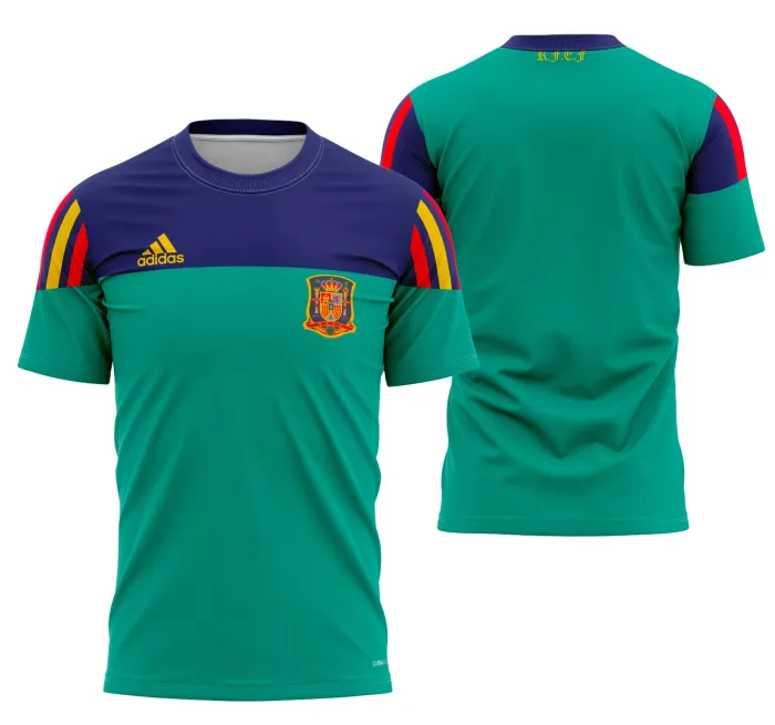 Camiseta unissex preta com logo no peito e estampa grande nas costas da camisa España Portero 2010, destaque para design retrô de goleiro histórico.