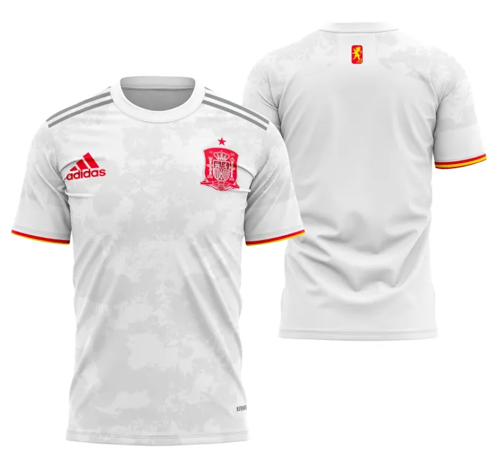 Camiseta preta unissex com logo no peito e estampa grande nas costas, inspirada na camisa España Visita 2020-2021, ideal para fãs e colecionadores.