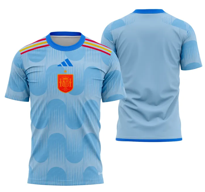 Camiseta unissex preta com logo no peito e estampa grande nas costas da Espanha Visita 2022-2023, perfeita para fãs e colecionadores da seleção espanhola.