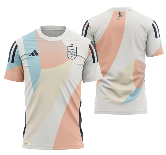 Camiseta unissex branca com logo no peito e estampa grande nas costas representando a España Women's Visita 2025-2026, destaque para design elegante e cores vibrantes.