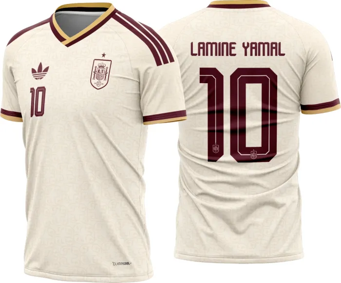 Camiseta unissex branca com logo no peito e estampa grande nas costas inspirada na seleção espanhola reserva de 2026 a 2028