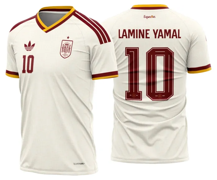 Camiseta unissex branca com logo no peito e estampa grande nas costas mostrando design da camisa Espanha Reserva 2026-28, estilo moderno e vibrante.