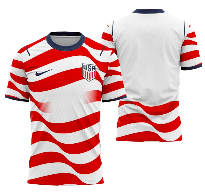 Camiseta unissex branca com logo no peito e estampa grande nas costas baseada no tema Camisa Estados Unidos Home 2026, ideal para torcida e eventos esportivos.