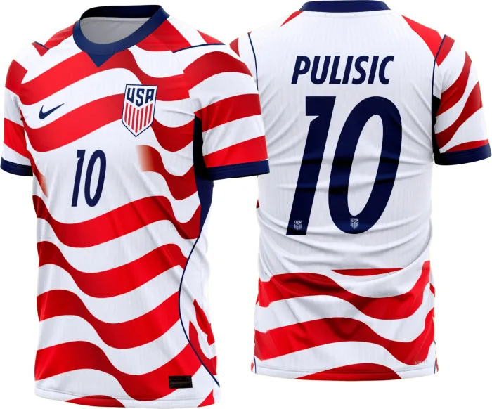 Camiseta unissex branca com logo no peito e estampa grande nas costas da seleção Estados Unidos titular 2026-28, design moderno e esportivo ideal para torcedores e fãs.