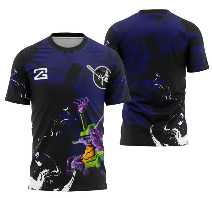 Camiseta unissex preta com logo no peito e estampa grande nas costas do Eva01 Evangelion Interclasse, ideal para fãs e colecionadores buscando estilo marcante e confortável.