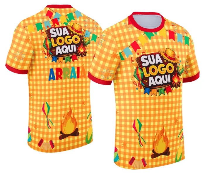 Camiseta unissex branca com logo no peito e estampa grande nas costas, tema Festa Junina Arraiá com design alegre e colorido, perfeita para celebrar o São João.