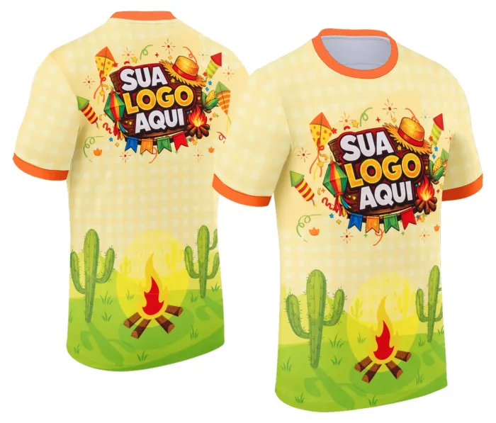 Camiseta unissex branca com logo no peito e estampa grande nas costas com tema Festa Junina Arraiá, ideal para celebrações típicas, com design alegre e colorido.