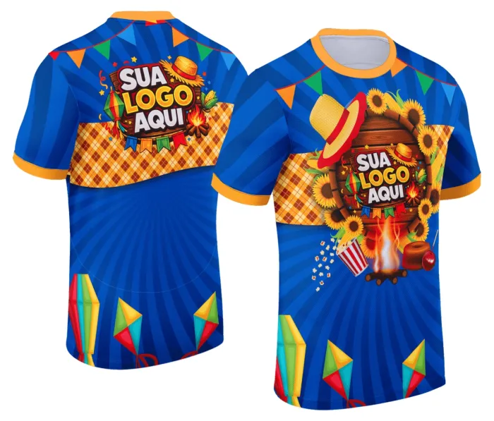 Camiseta unissex branca com logo no peito e estampa grande nas costas celebrando a Festa Junina Arraiá, estilo alegre e colorido para eventos juninos.