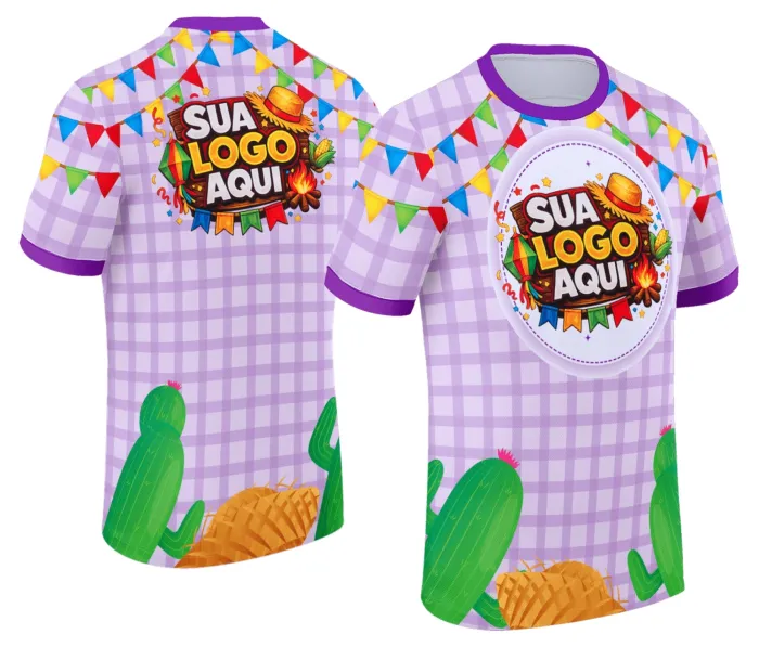 Camiseta unissex branca com logo no peito e estampa grande nas costas, tema Festa Junina Arraiá, design vibrante e alegre, ideal para celebrações juninas em grande estilo.