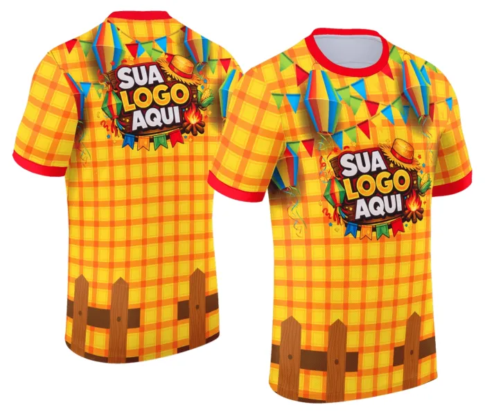 Camiseta unissex branca com logo no peito e estampa grande nas costas tema Festa Junina Arraiá, design vibrante, ideal para festas e celebrações juninas.