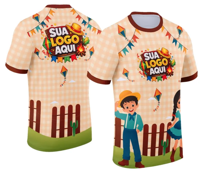 Camiseta unissex branca com logo no peito e estampa grande nas costas temática Festa Junina Arraiá Modelo 006, ideal para comemorações juninas com estilo e cor vibrante.