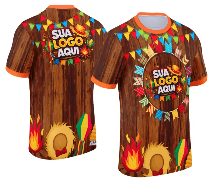 Camiseta unissex branca com logo no peito e estampa grande nas costas temática de Festa Junina Arraiá, perfeita para celebrar o arraiá com estilo e conforto.