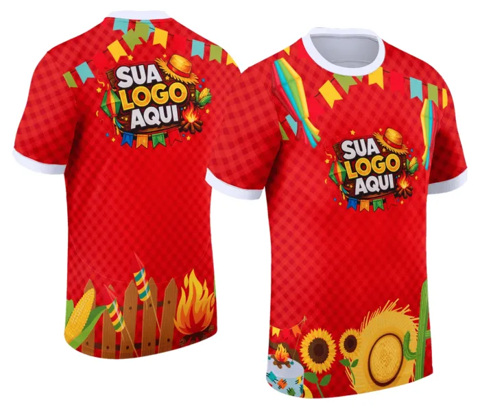 Camiseta unissex branca com logo no peito e estampa grande nas costas tema Festa Junina Arraiá, estilo alegre e típico, perfeita para arrasar na comemoração.
