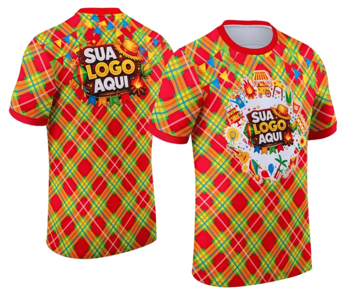 Camiseta unissex branca com logo no peito e estampa grande nas costas com o tema Festa Junina Arraiá Modelo 009, perfeita para festa tradicional com visual alegre e colorido.
