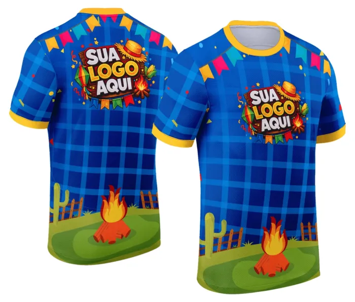 Camiseta unissex branca com logo no peito e estampa grande nas costas com tema Festa Junina Arraiá, estilo tradicional e alegre, perfeita para celebrar a festa junina com conforto e estilo.