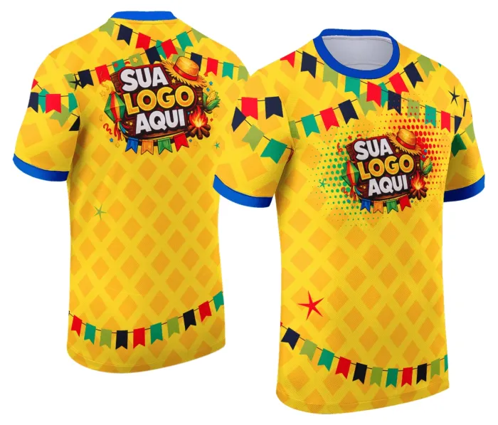 Camiseta unissex branca com logo no peito e estampa grande nas costas, tema Festa Junina Arraiá, perfeita para celebrações juninas animadas e tradicionais.