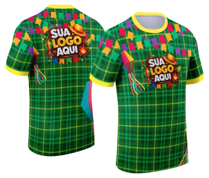 Foto de camiseta unissex branca com logo no peito e estampa grande nas costas, tema Festa Junina Arraiá, ideal para eventos juninos com visual alegre e colorido.