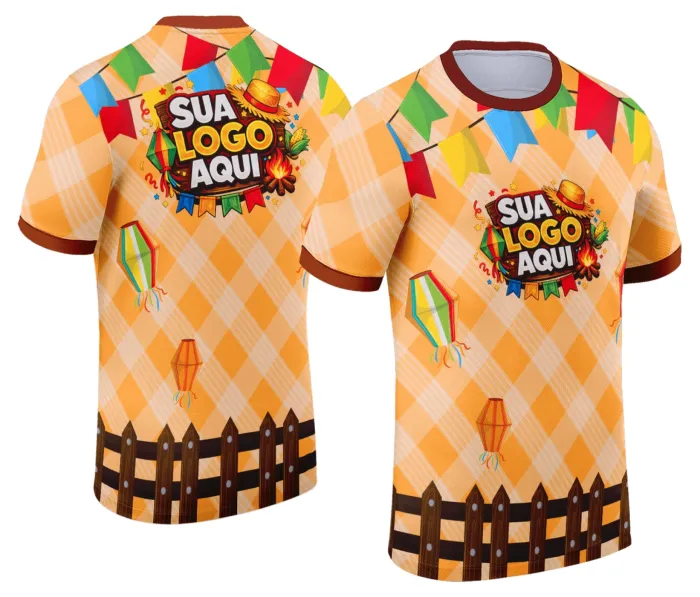 Camiseta unissex branca com logo no peito e estampa grande nas costas do tema Festa Junina Arraiá, ideal para celebrar com estilo e conforto em festas tradicionais.