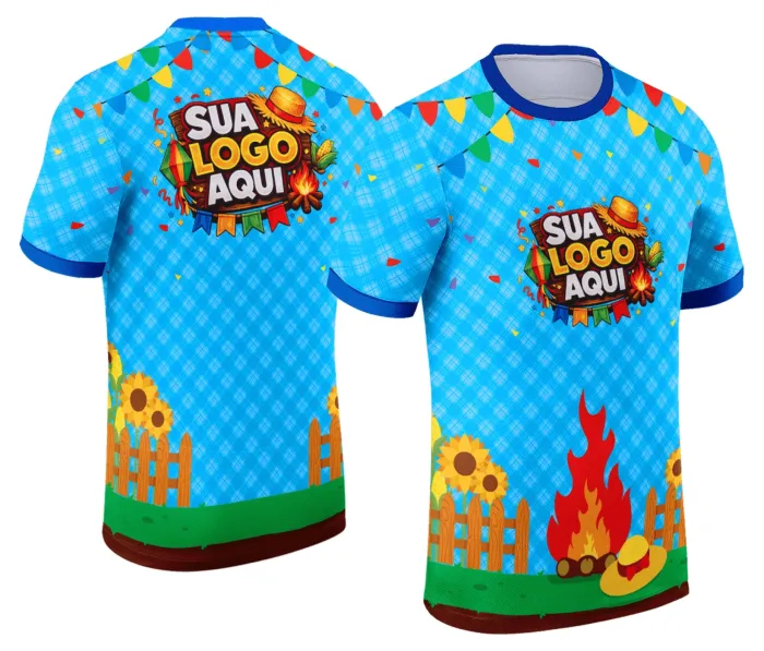 Camiseta unissex branca com logo no peito e estampa grande nas costas com tema Festa Junina Arraiá, perfeita para comemorações típicas e clima de festa junina.