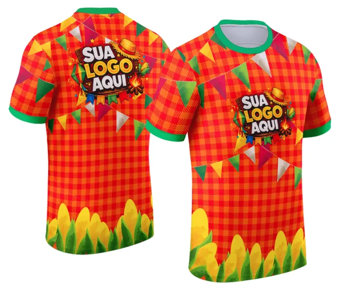 Camiseta unissex branca com logo no peito e estampa grande nas costas temática de Festa Junina Arraiá, ideal para celebrações típicas e looks festivos.