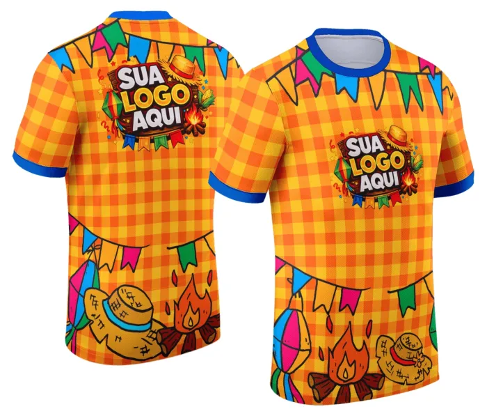 Camiseta unissex branca com logo no peito e estampa grande nas costas, tema Festa Junina Arraiá, perfeita para ocasiões de junho e festas típicas.