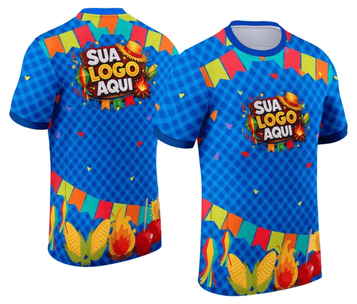Camiseta unissex branca com logo no peito e estampa grande nas costas temática de Festa Junina Arraiá, perfeita para eventos juninos e clima de festa.