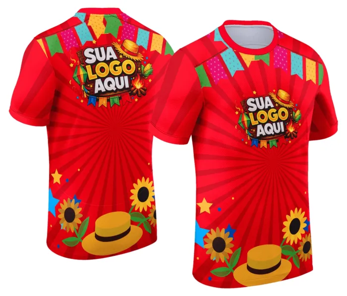 Camiseta unissex branca com logo no peito e estampa grande nas costas da Festa Junina Arraiá Modelo 018, ideal para celebrar o arraiá com estilo e conforto.