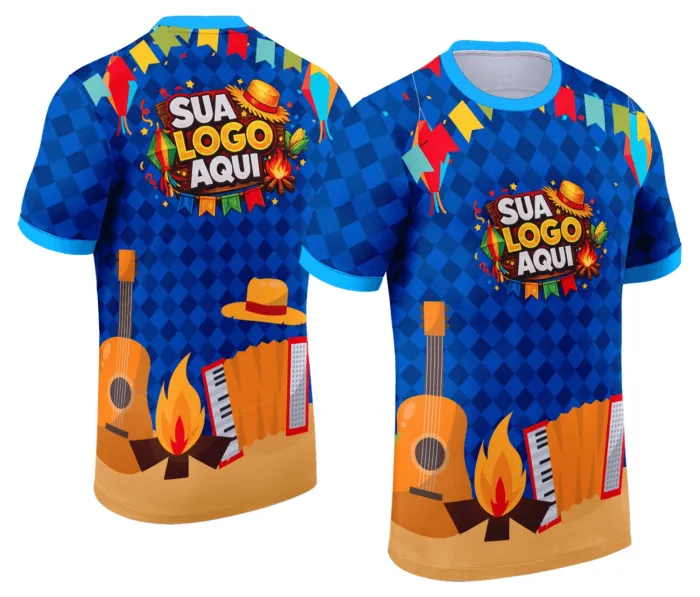 Camiseta unissex branca com logo no peito e estampa grande nas costas temática de Festa Junina Arraiá, ideal para celebrar com estilo e tradição.