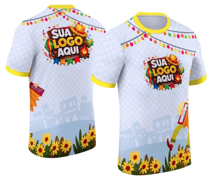 Camiseta unissex branca com logo no peito e estampa grande nas costas, tema Festa Junina Arraiá, ideal para festas e celebrações juninas.