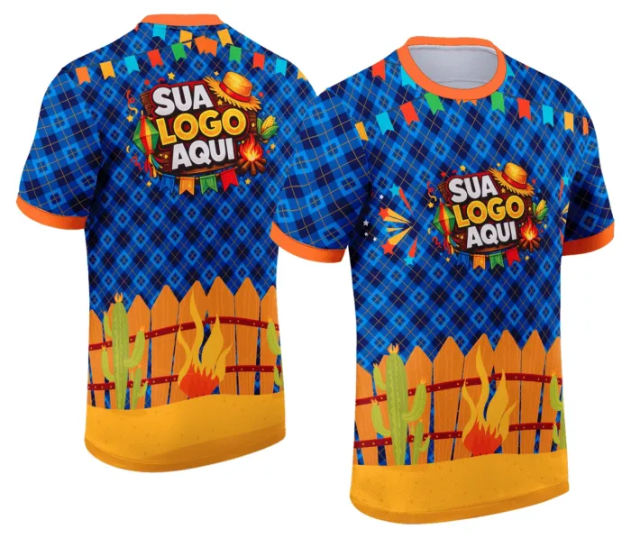 Camiseta unissex branca com logo no peito e estampa grande nas costas com tema Festa Junina Arraiá, perfeita para comemorações típicas, mostrando as cores e símbolos tradicionais do evento.