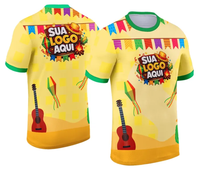 Camiseta unissex branca com logo no peito e estampa grande nas costas temática Festa Junina Arraiá Modelo 022, ideal para comemorações típicas com estilo alegre e colorido.