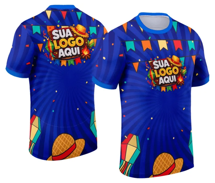 Camiseta unissex branca com logo no peito e estampa grande nas costas com tema Festa Junina Arraiá Modelo 023, perfeita para celebrações juninas, confortável e estilosa.