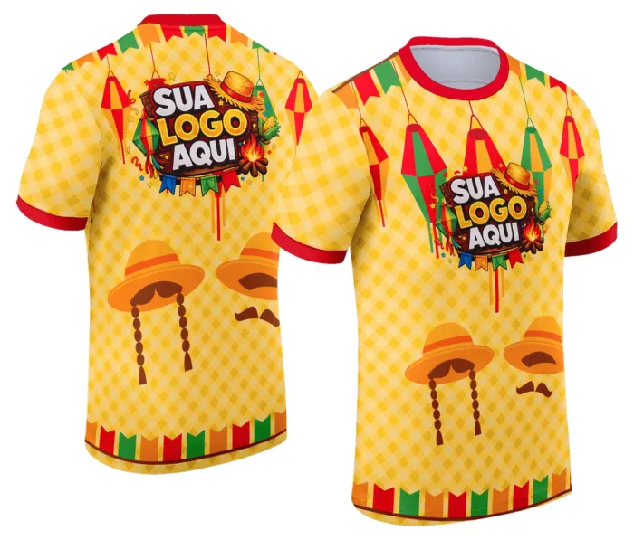 Camiseta unissex branca com logo no peito e estampa grande nas costas, tema Festa Junina Arraiá, perfeita para celebrar com estilo no clima da festa.