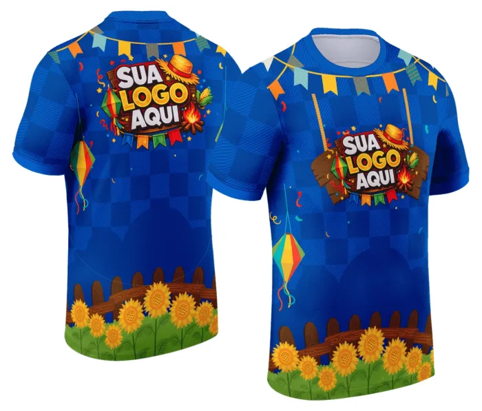 Camiseta unissex branca com logo no peito e estampa grande nas costas temática de Festa Junina Arraiá, estilo alegre e colorido, perfeita para comemorações juninas e eventos festivos.