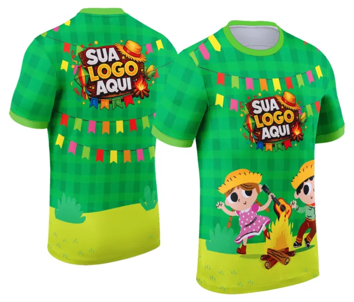 Camiseta unissex branca com logo no peito e estampa grande nas costas tema Festa Junina Arraiá Modelo 026, ideal para comemorações juninas com estilo e conforto.