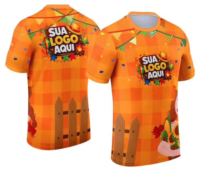 Camiseta unissex branca com logo no peito e estampa grande nas costas, tema festa junina com elementos do Arraiá, ideal para celebrações tradicionais de junho