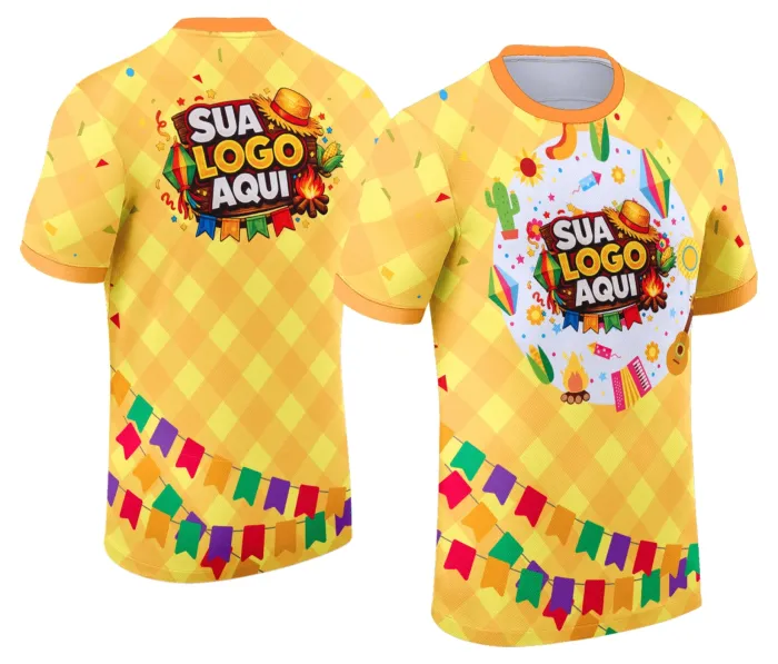 Camiseta unissex branca com logo no peito e estampa grande nas costas com tema Festa Junina Arraiá Modelo 028, ideal para celebrações juninas com estilo e conforto.