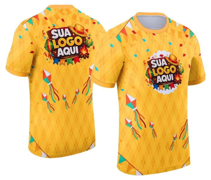 Camiseta unissex branca com logo no peito e estampa grande nas costas, tema Festa Junina Arraiá, perfeita para comemorações tradicionais, alegre e com cores vibrantes.