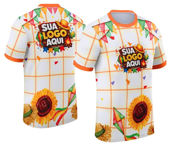 Camiseta unissex branca com logo no peito e estampa grande nas costas tema Festa Junina Arraiá Modelo 030, ideal para festas juninas. Visual alegre e tradicional, destacando cores vibrantes que remetem ao Arraiá.