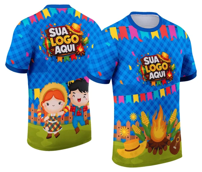 Camiseta branca unissex com logo no peito e estampa grande nas costas tema Festa Junina Arraiá, perfeita para arrasar no arraial com estilo e conforto.