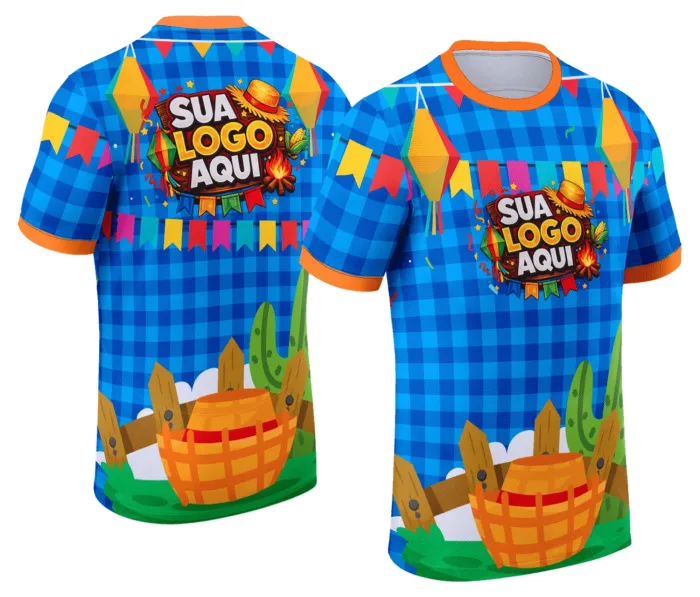 Camiseta unissex branca com logo no peito e estampa grande nas costas com tema Festa Junina Arraiá, perfeita para celebrar eventos juninos com estilo e conforto.