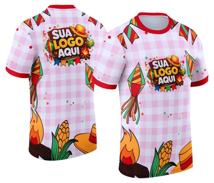Camiseta unissex branca com logo no peito e estampa grande nas costas temática de Festa Junina Arraiá, moderna, alegre e perfeita para celebrar o evento.