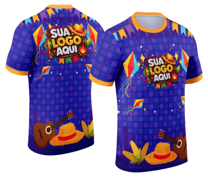 Camiseta unissex branca com logo no peito e estampa grande nas costas temática de Festa Junina Arraiá Modelo 035, ideal para celebrações juninas animadas.