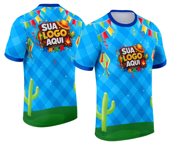 Camiseta unissex branca com logo no peito e estampa grande nas costas temática de Festa Junina Arraiá, ideal para celebrações juninas com estilo e conforto.