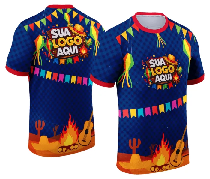 Foto de camiseta unissex branca com logo no peito e estampa grande nas costas tema Festa Junina Arraiá Modelo 037, ideal para festas típicas, confortável e estilosa.