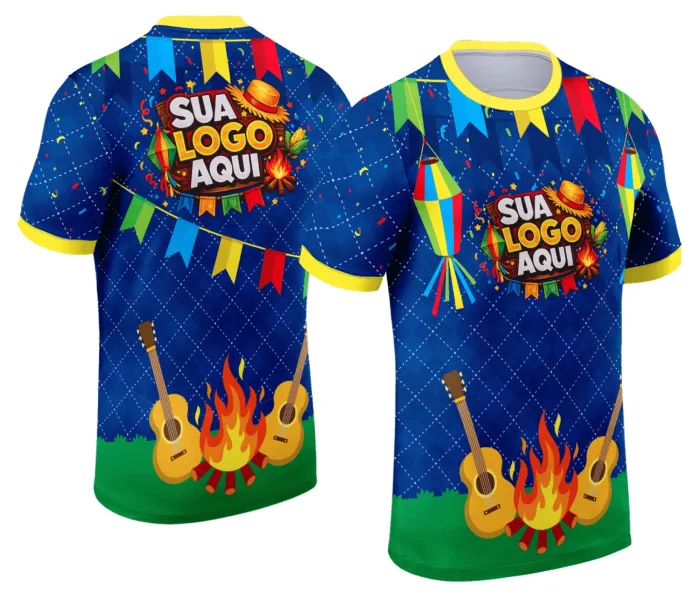 Camiseta unissex branca com logo no peito e estampa grande nas costas com tema Festa Junina Arraiá, ideal para comemorações juninas em clima alegre e tradicional.