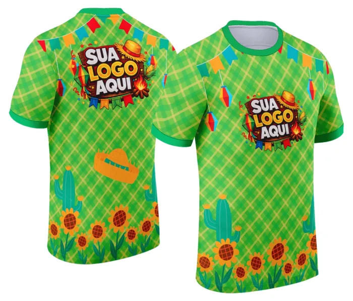 Camiseta unissex branca com logo no peito e estampa grande nas costas tema Festa Junina Arraiá, estilo alegre e colorido, perfeita para celebrações juninas.