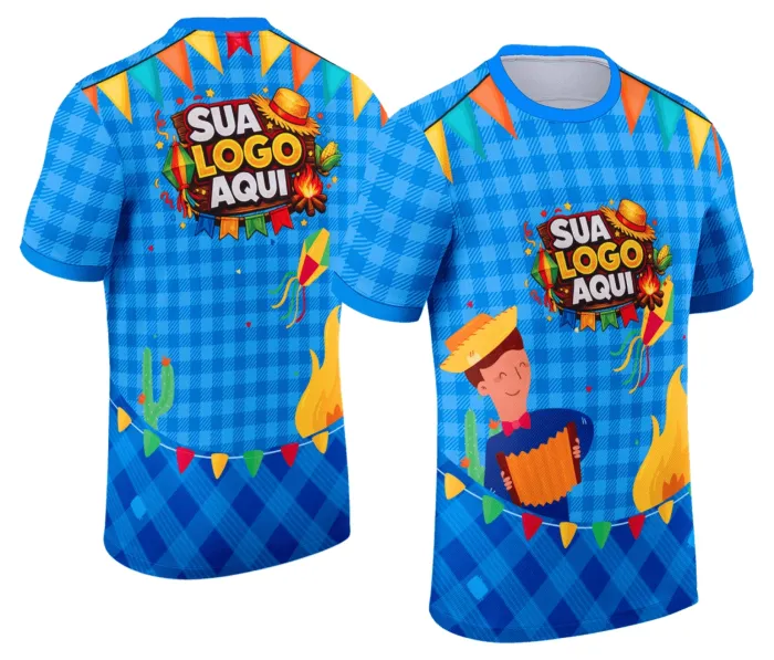 Camiseta unissex branca com logo no peito e estampa grande nas costas inspirada no tema Festa Junina Arraiá, perfeita para celebrar com estilo e conforto em eventos juninos.